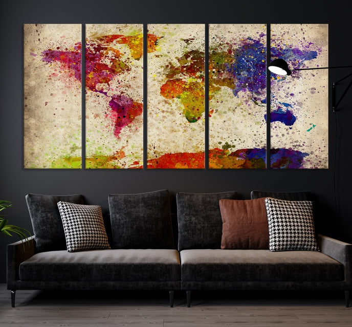 Yellow Red Purple Paint Splash Modern WORLD MAP Canvas Print Large Wall Art