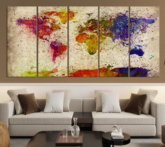 Yellow Red Purple Paint Splash Modern WORLD MAP Canvas Print Large Wall Art