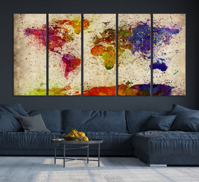 Yellow Red Purple Paint Splash Modern WORLD MAP Canvas Print Large Wall Art