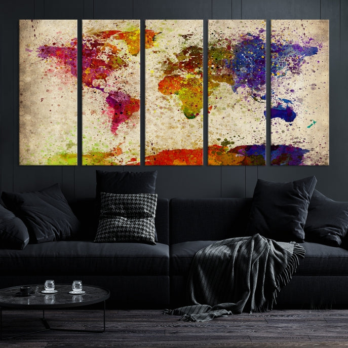 Yellow Red Purple Paint Splash Modern WORLD MAP Canvas Print Large Wall Art