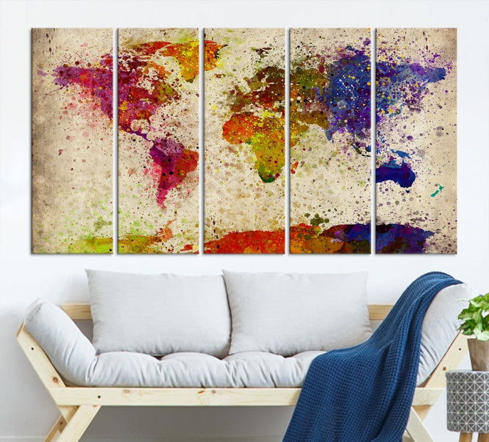 Yellow Red Purple Paint Splash Modern WORLD MAP Canvas Print Large Wall Art