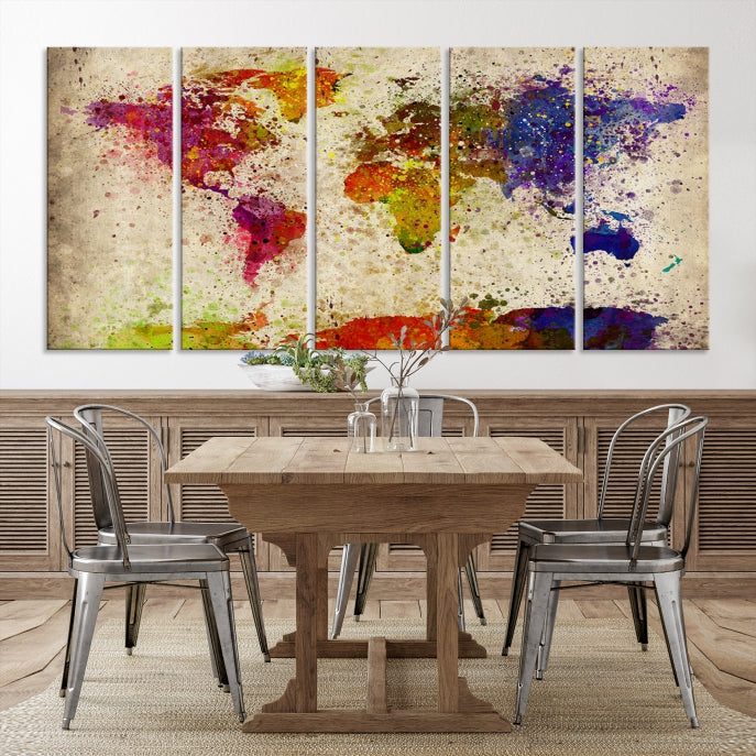 Yellow Red Purple Paint Splash Modern WORLD MAP Canvas Print Large Wall Art