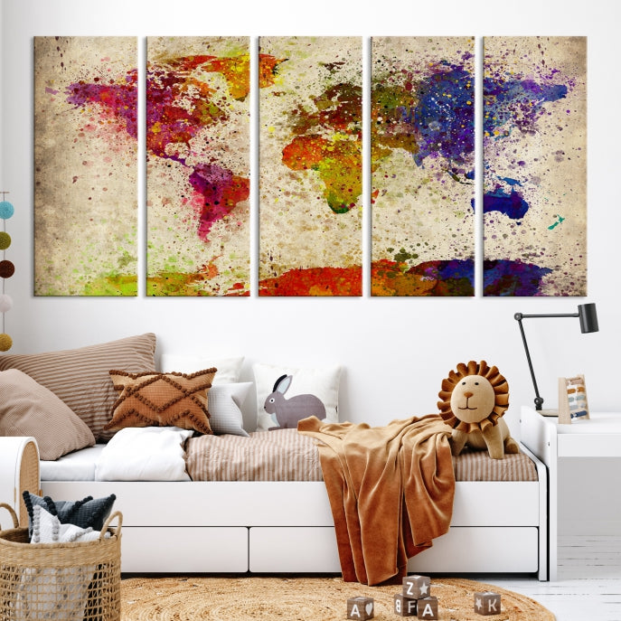 Yellow Red Purple Paint Splash Modern WORLD MAP Canvas Print Large Wall Art