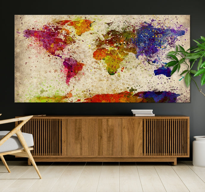 Yellow Red Purple Paint Splash Modern WORLD MAP Canvas Print Large Wall Art