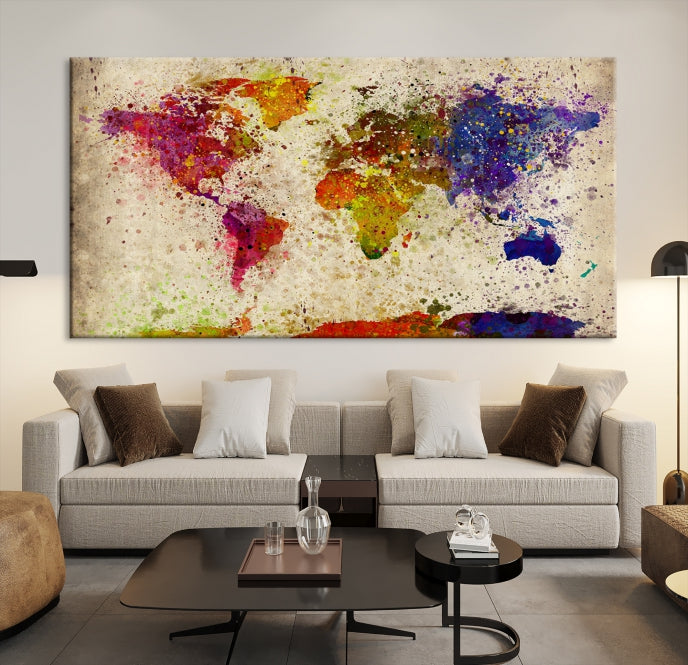 Yellow Red Purple Paint Splash Modern WORLD MAP Canvas Print Large Wall Art