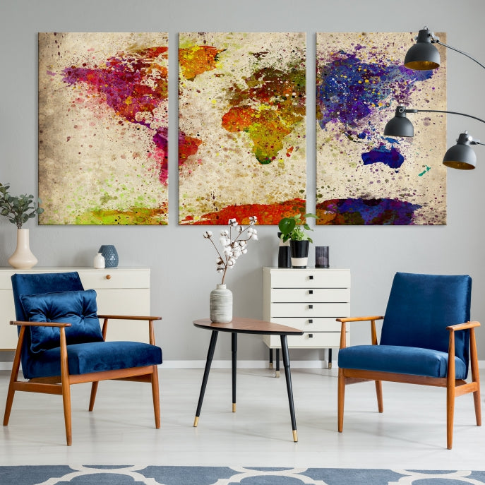 Yellow Red Purple Paint Splash Modern WORLD MAP Canvas Print Large Wall Art