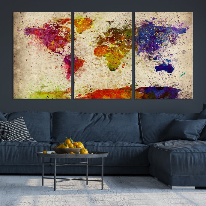 Yellow Red Purple Paint Splash Modern WORLD MAP Canvas Print Large Wall Art