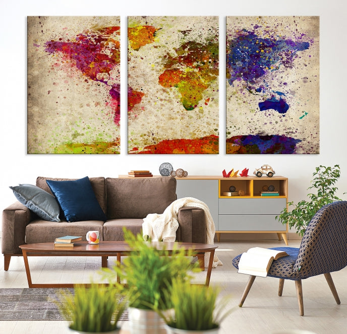 Yellow Red Purple Paint Splash Modern WORLD MAP Canvas Print Large Wall Art