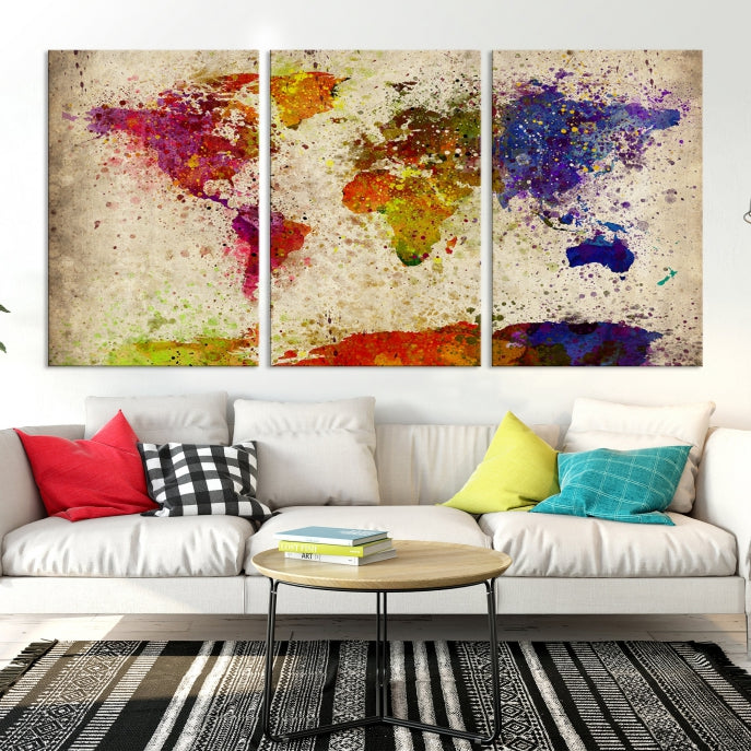 Yellow Red Purple Paint Splash Modern WORLD MAP Canvas Print Large Wall Art