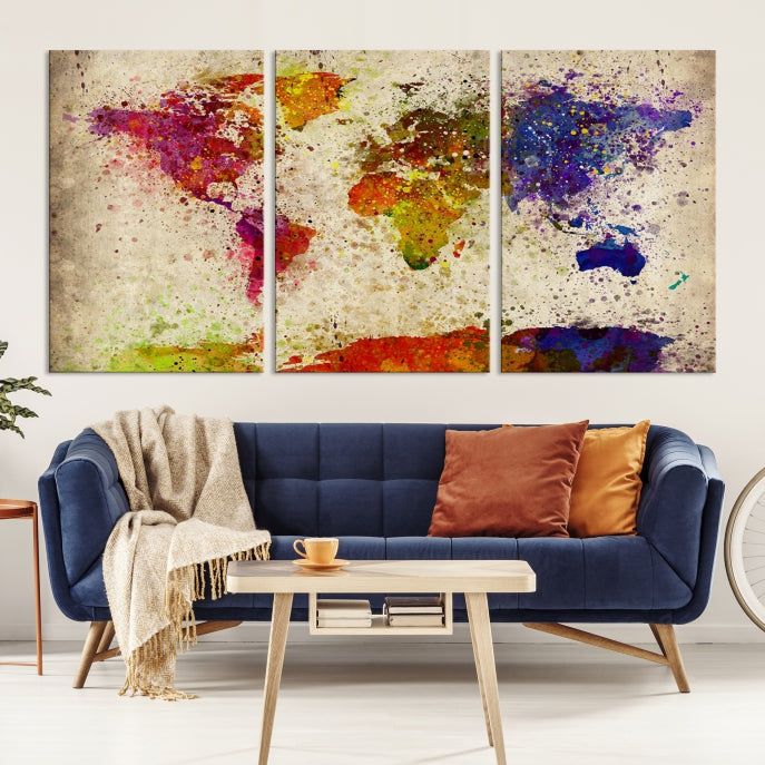 Yellow Red Purple Paint Splash Modern WORLD MAP Canvas Print Large Wall Art