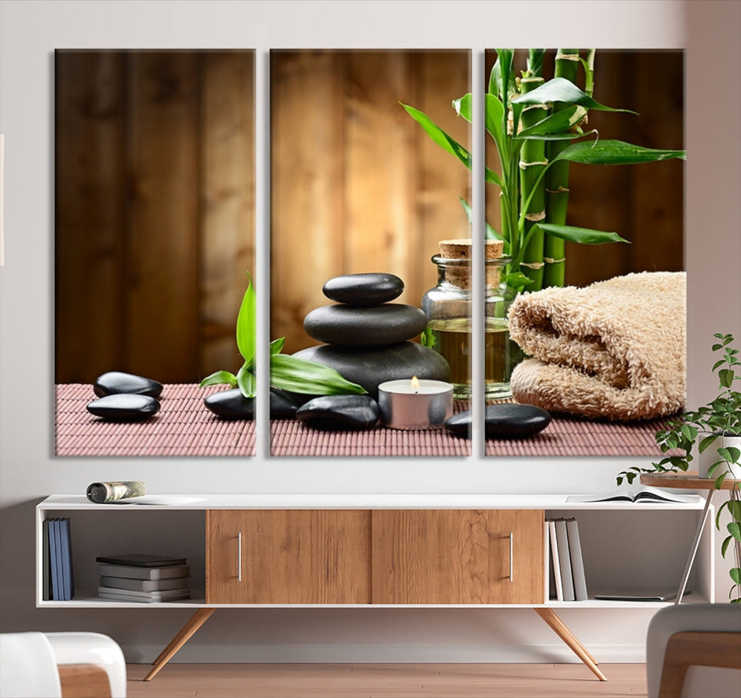 Yoga Zen Meditation with Stone and Bamboo Canvas Wall Art Giclee Print