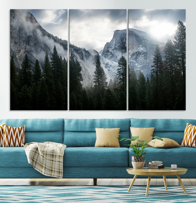 Yosemite National Park Foggy Forest Mountain Landscape Wall Art Canvas Print