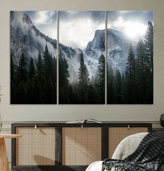 Yosemite National Park Foggy Forest Mountain Landscape Wall Art Canvas Print