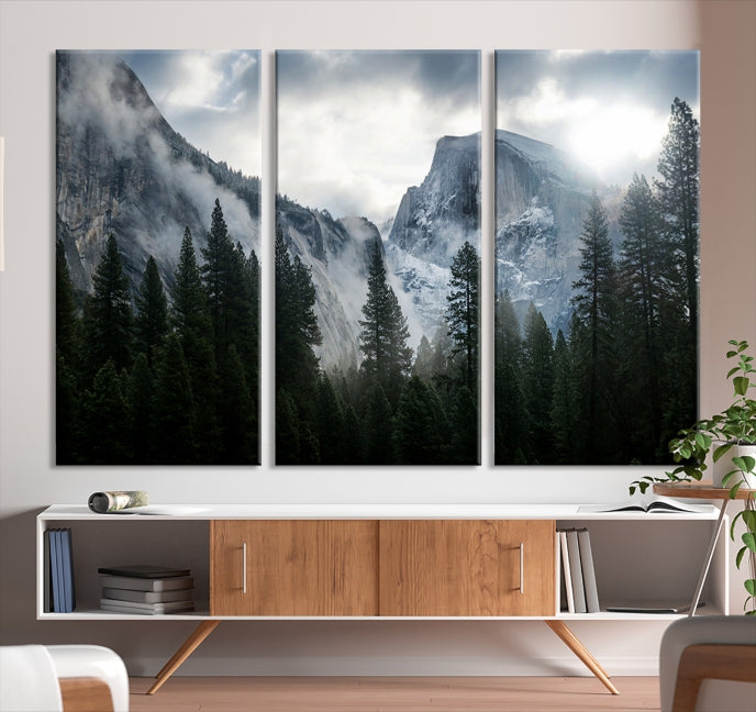 Yosemite National Park Foggy Forest Mountain Landscape Wall Art Canvas Print