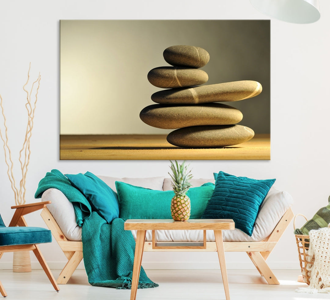 Zen Stones on Yellow Background Yoga Meditation Framed Wall Art Room Decor