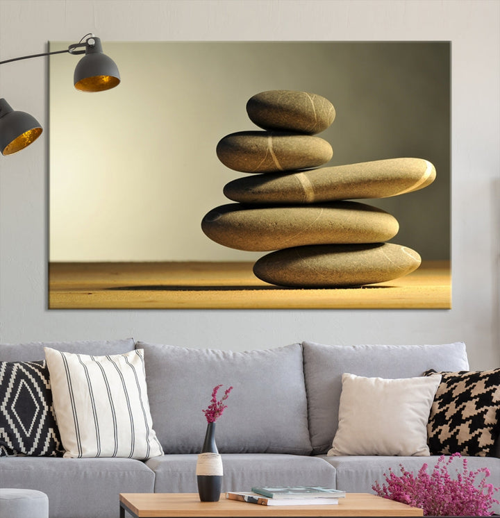 Zen Stones on Yellow Background Yoga Meditation Framed Wall Art Room Decor