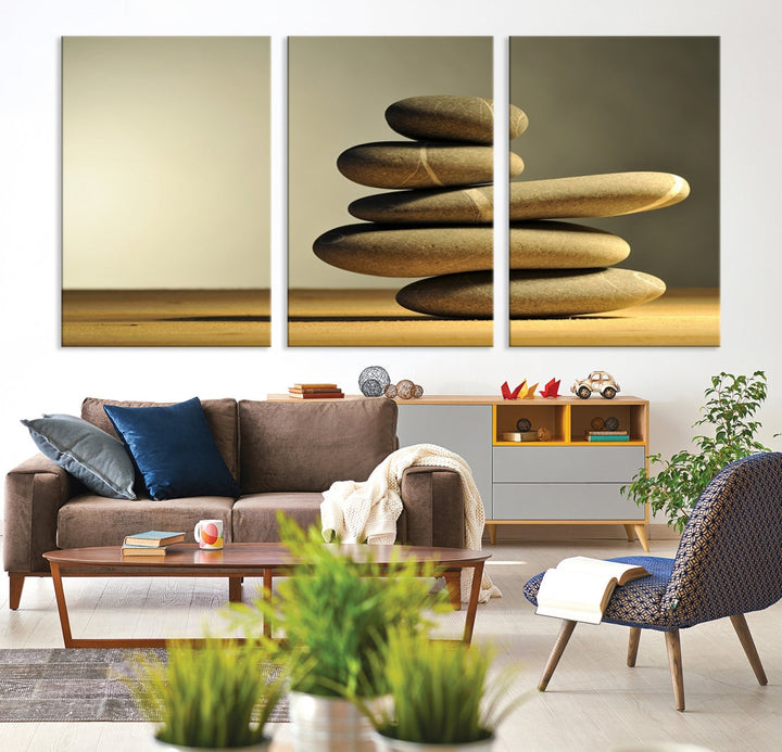 Zen Stones on Yellow Background Yoga Meditation Framed Wall Art Room Decor