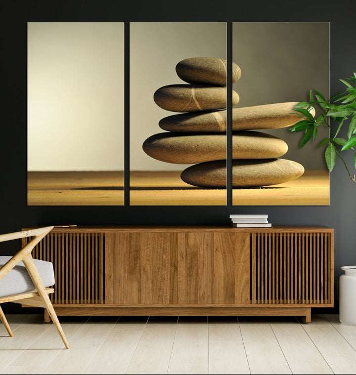 Zen Stones on Yellow Background Yoga Meditation Framed Wall Art Room Decor