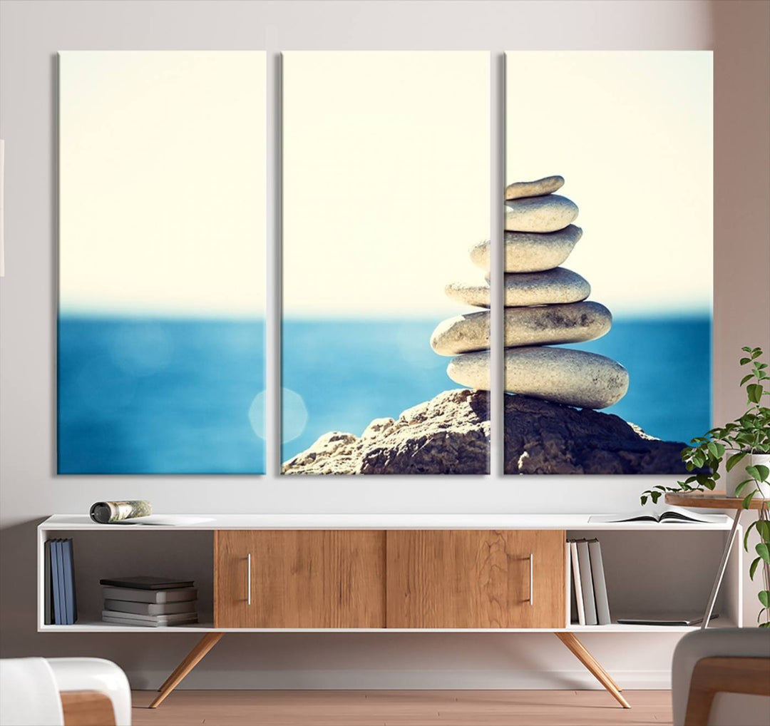 Zen Stones with Bright Sea and Sunshine on Background