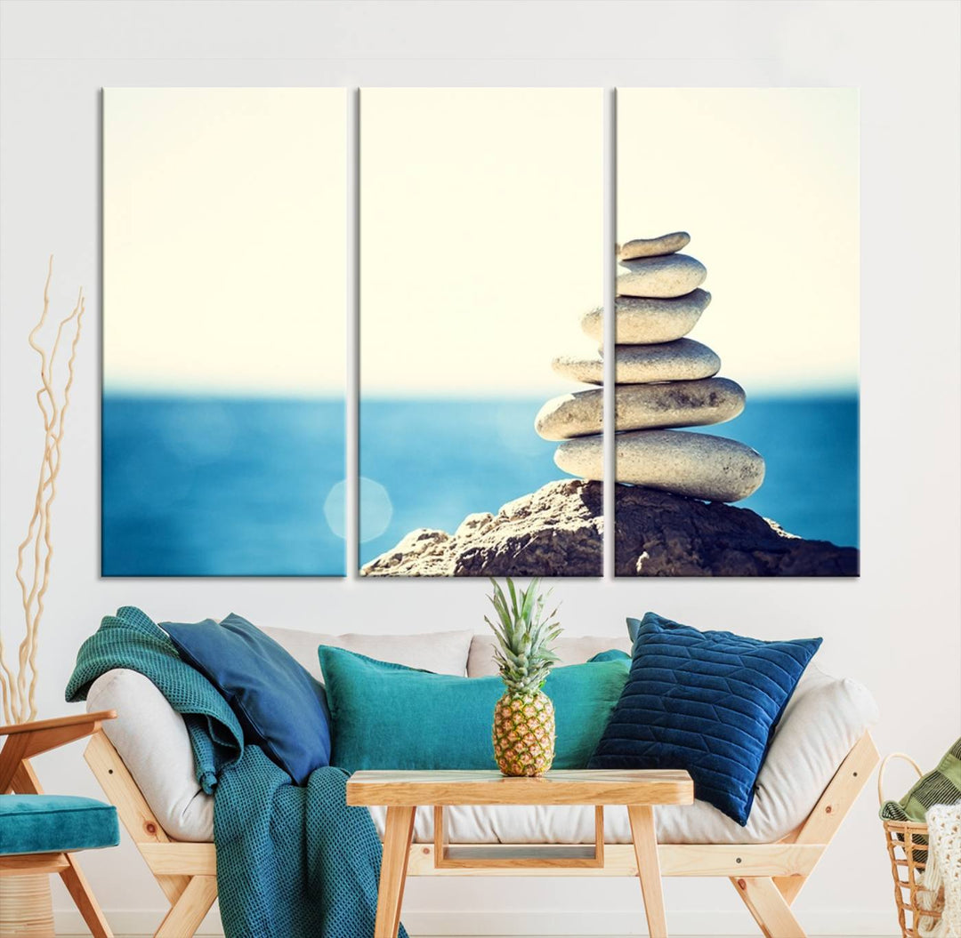 Zen Stones with Bright Sea and Sunshine on Background