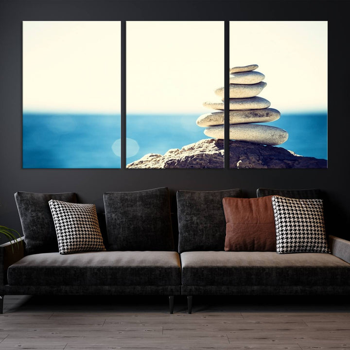 Zen Stones with Bright Sea and Sunshine on Background