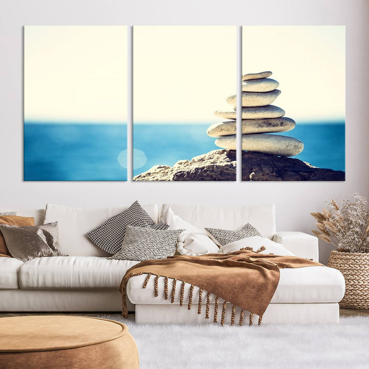 Zen Stones with Bright Sea and Sunshine on Background