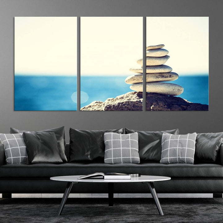 Zen Stones with Bright Sea and Sunshine on Background