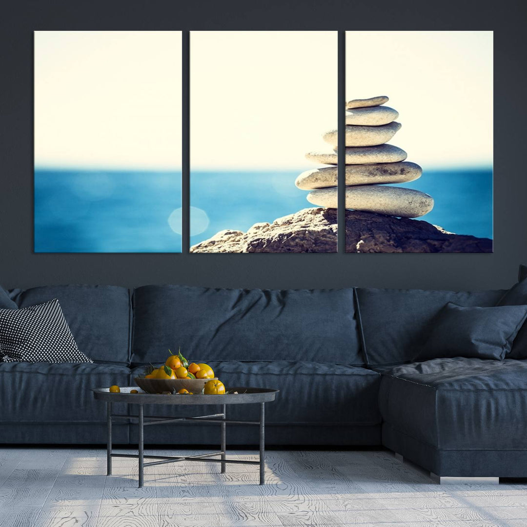 Zen Stones with Bright Sea and Sunshine on Background