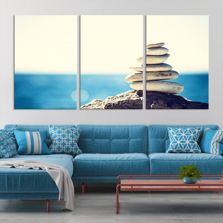 Zen Stones with Bright Sea and Sunshine on Background