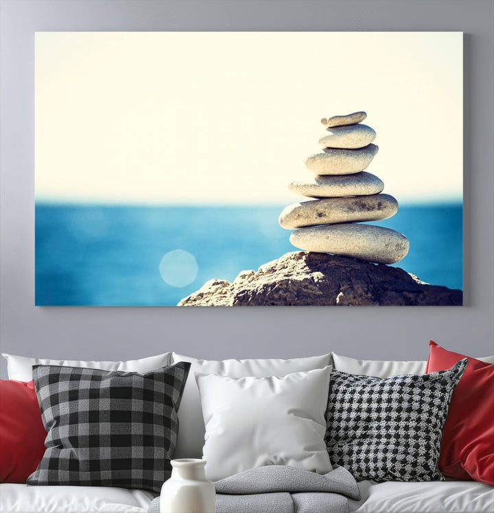 Zen Stones with Bright Sea and Sunshine on Background