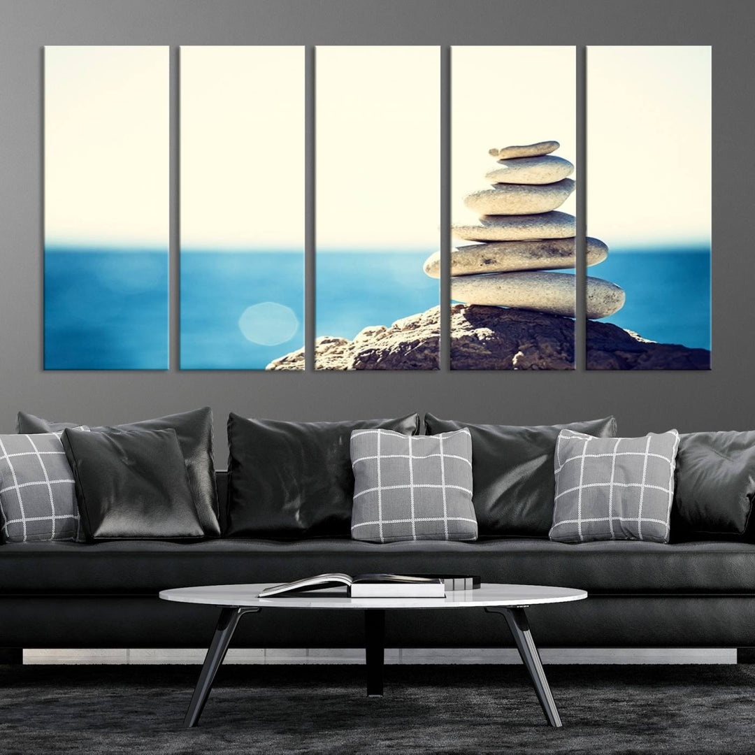 Zen Stones with Bright Sea and Sunshine on Background