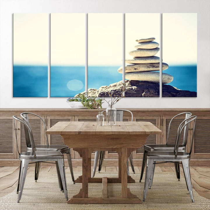 Zen Stones with Bright Sea and Sunshine on Background