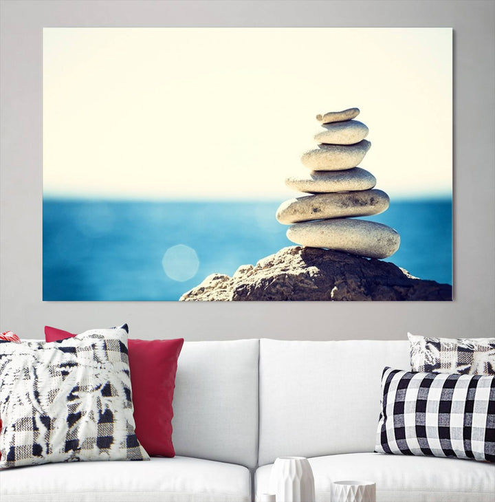 Zen Stones with Bright Sea and Sunshine on Background