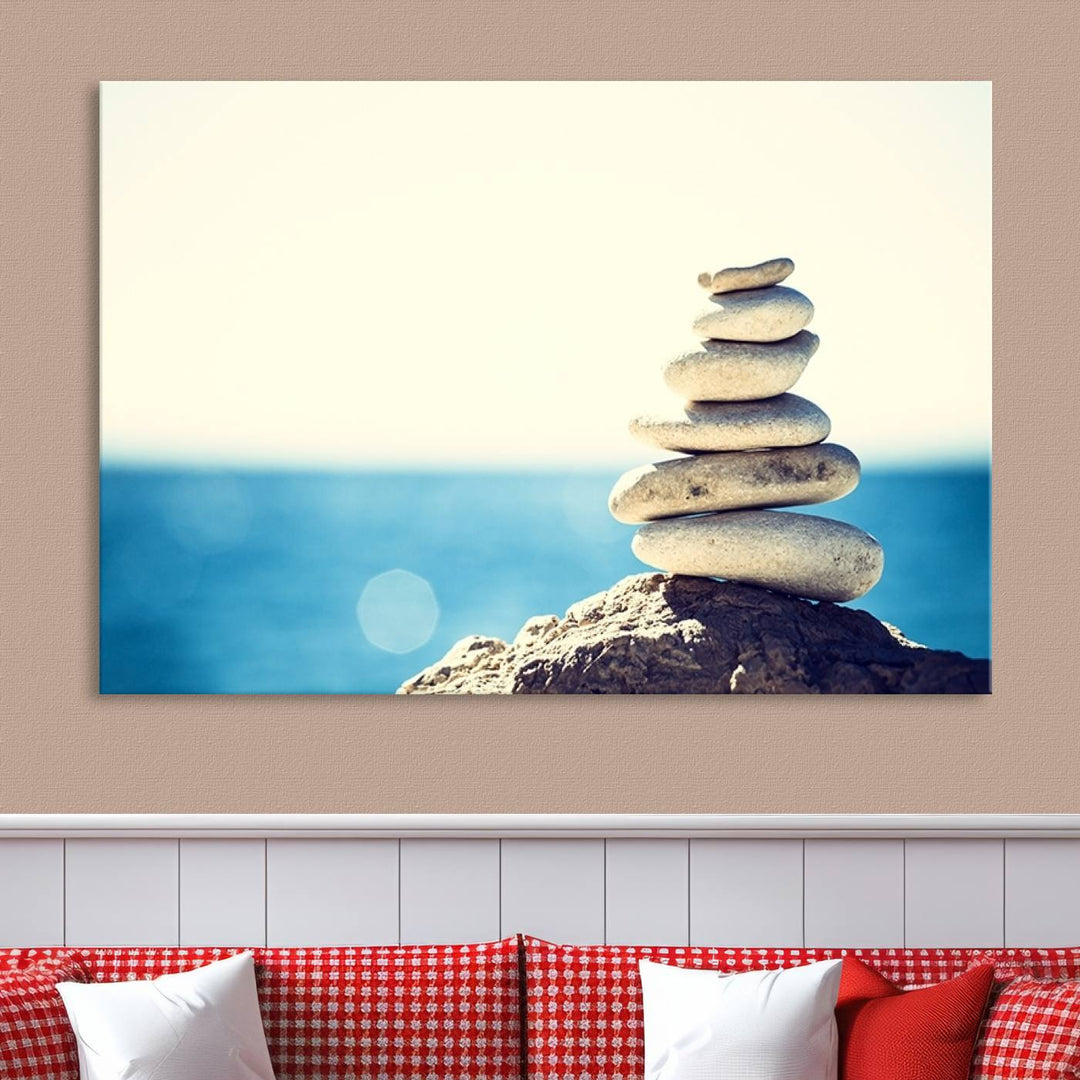 Zen Stones with Bright Sea and Sunshine on Background