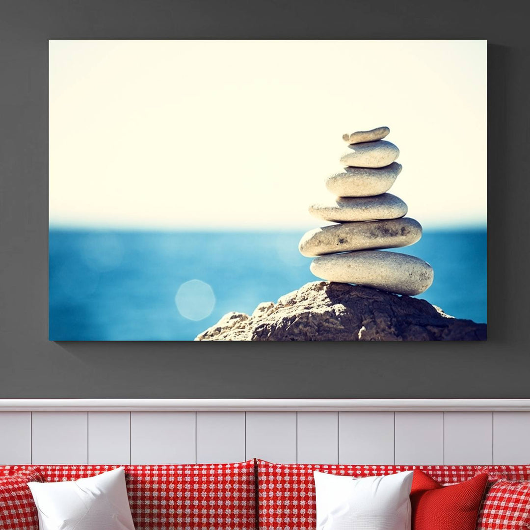 Zen Stones with Bright Sea and Sunshine on Background